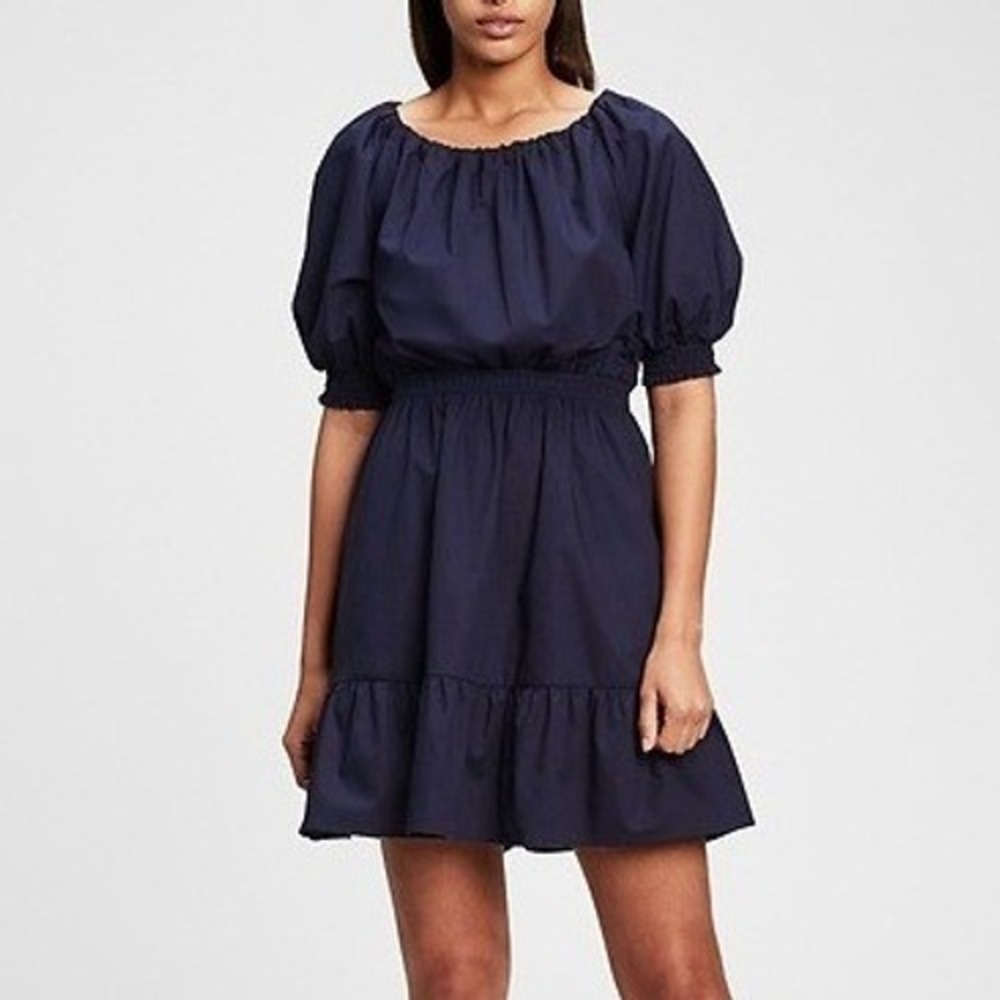 🆕️ NWT - Gap Women‎ Navy Blue Cotton Smocked Waist Puff Sleeve Mini Dress Small